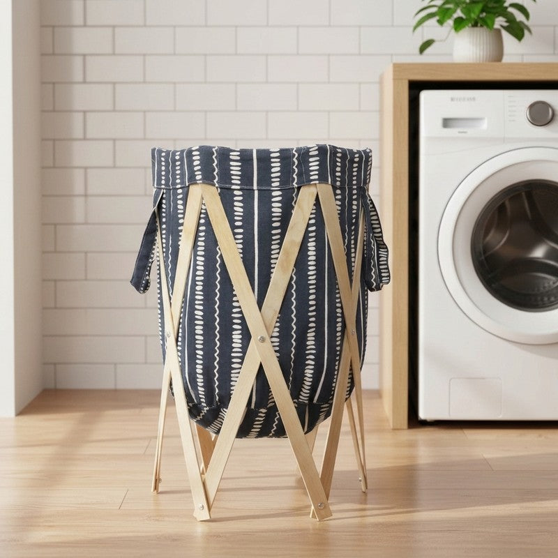Wash Aura (Cotton,Wood) Laundry Basket - Blue