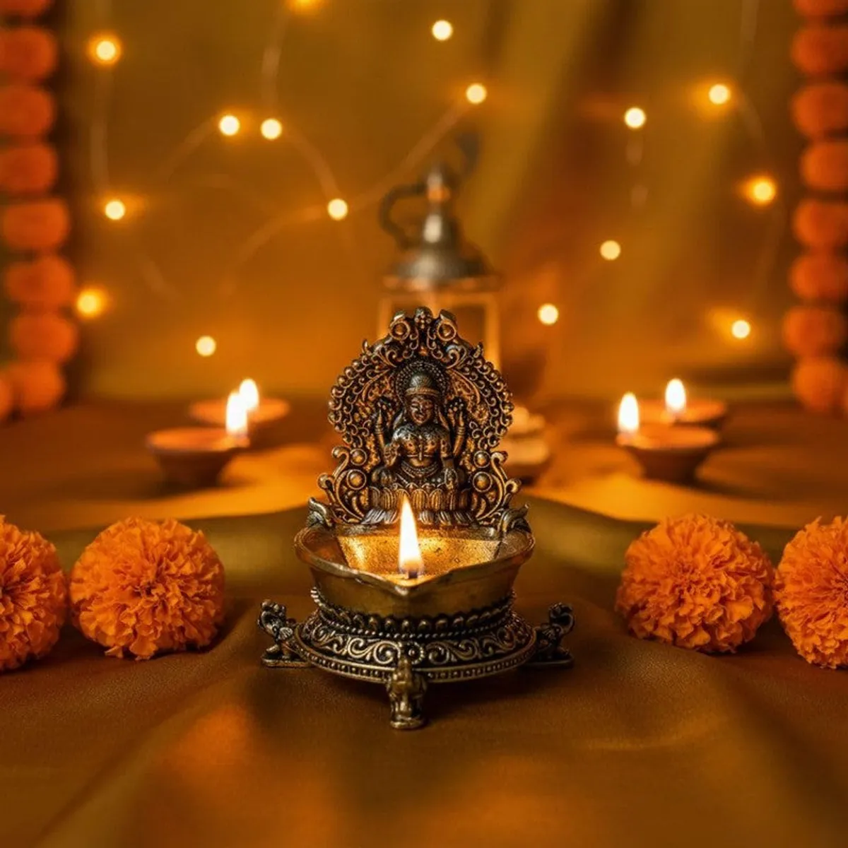 Gold-toned Lakshmi diya lit among marigold flowers and warm festive lights.