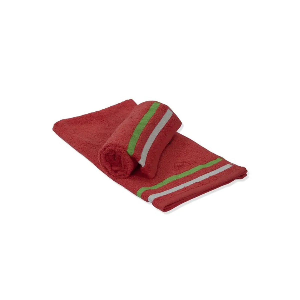 Red hand towels arranged in a stack with green and white striped borders