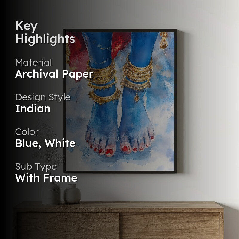 Blue Lotus Feet Spiritual Archival Paper Wall Painting With Frame - Black media 2