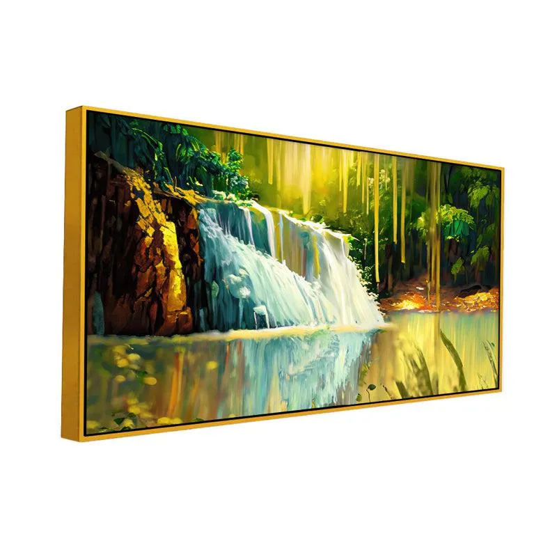 Autumnal Waterfalls Landscape Canvas Wall Painting With Frame - Gold media 4