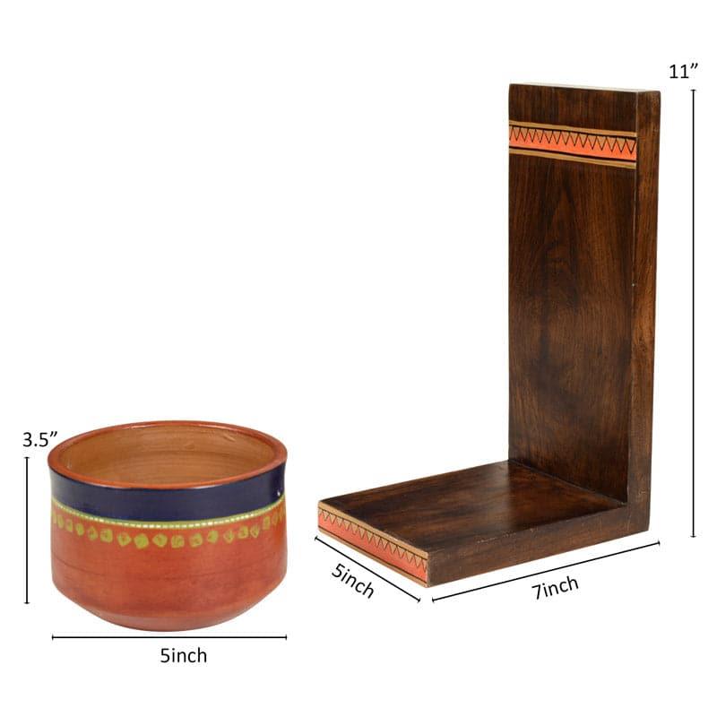 Asoori Wooden Wall Shelf With Earthen Planter - Set Of Two media 5