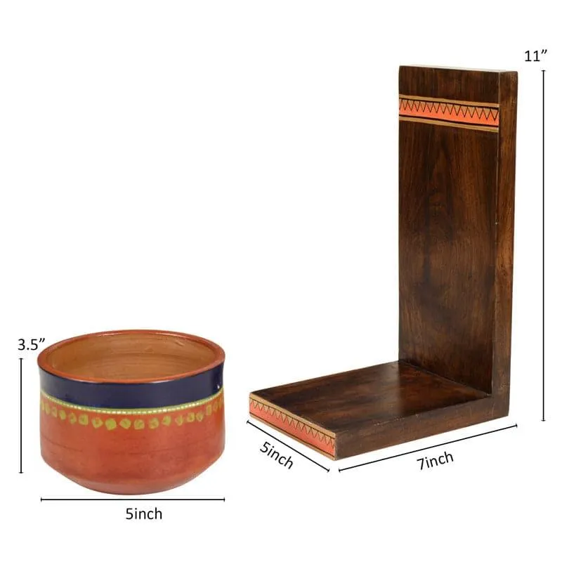 Asoori Wooden Wall Shelf With Earthen Planter - Set Of Two media 5