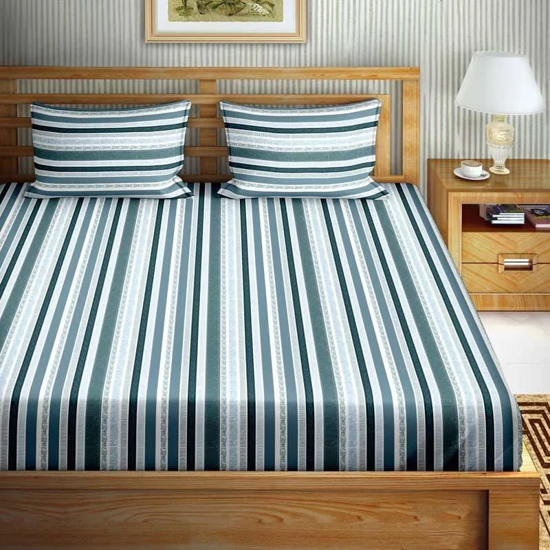Stripey Paradise Cotton Bedsheet (Blue,Grey) - 180 TC media 1