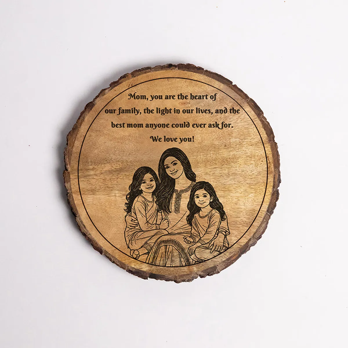 Front view of the round wooden family showpiece against a plain background