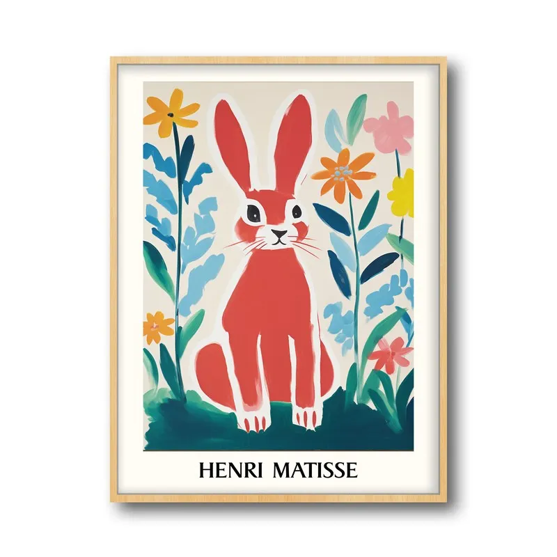 Red Rabbit Inspired by Henri Matisse Archival Canvas Wall Art - Natural Brown Frame media 5
