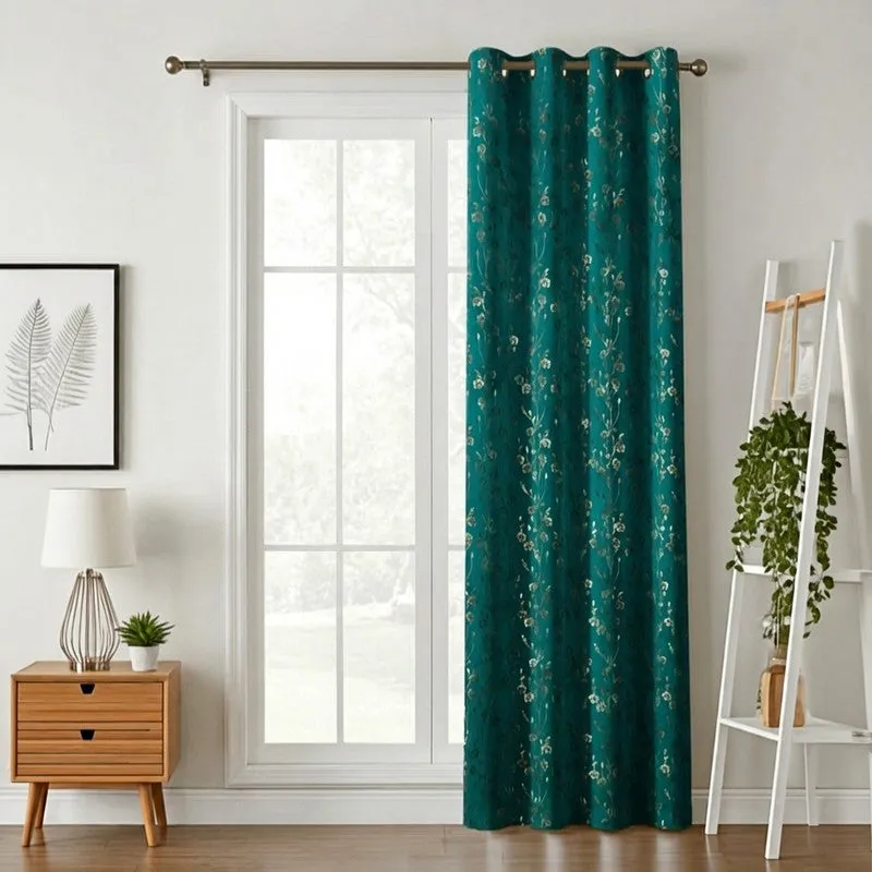 Glow Touch Printed Velvet Curtain - Teal,Gold media 1