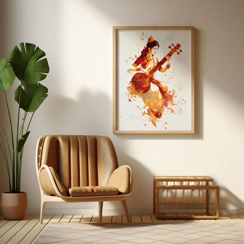 Sri Saraswati Devi Divine Harmony Archival Paper Wall Art - Natural Brown Frame