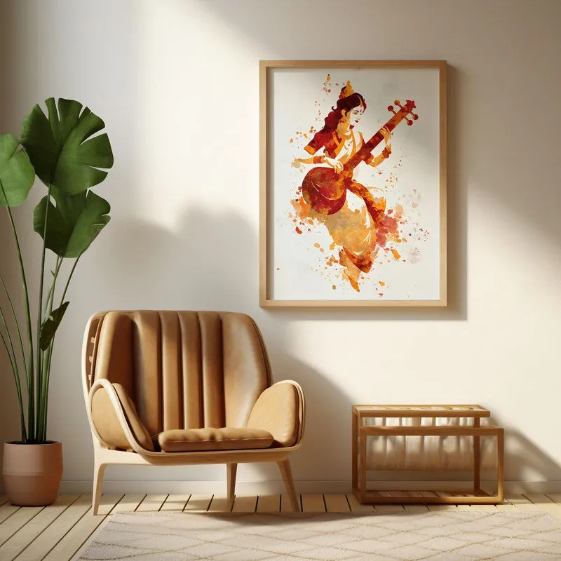 Sri Saraswati Devi Divine Harmony Archival Paper Wall Art - Natural Brown Frame media 1