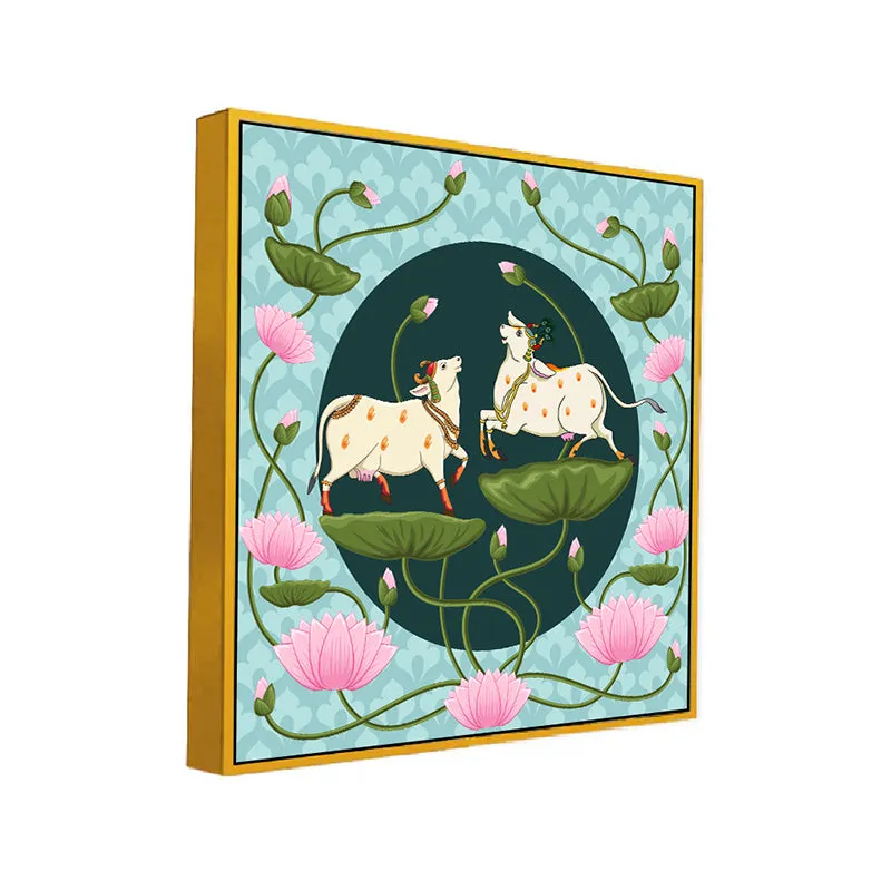 Lotus Pastures Canvas Wall Painting With Frame - Gold media 3