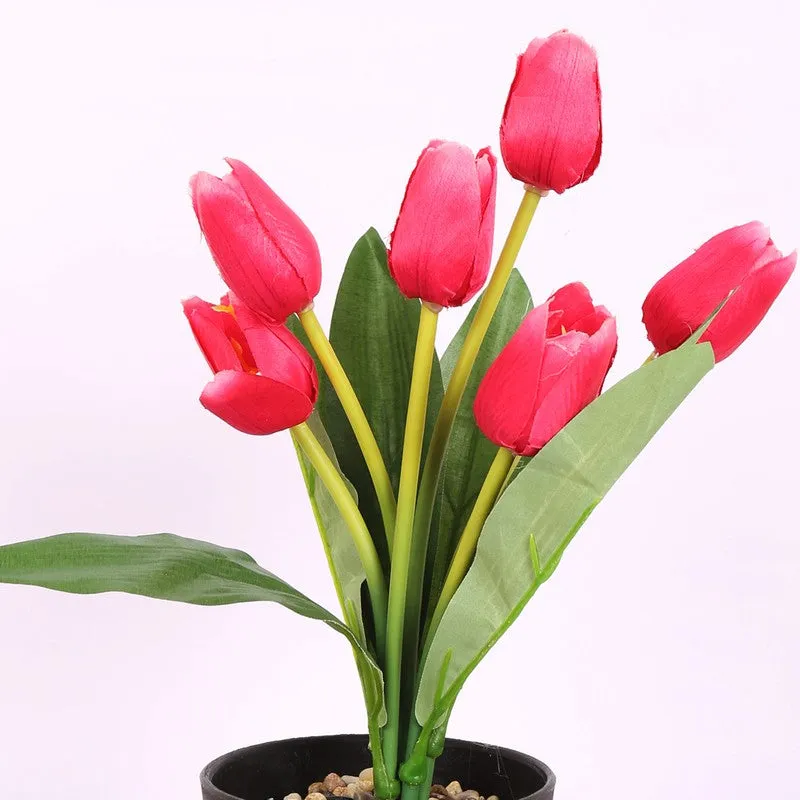 Artificial Tulip Flower Plant With Black Plastic Pot - Dark Pink media 5