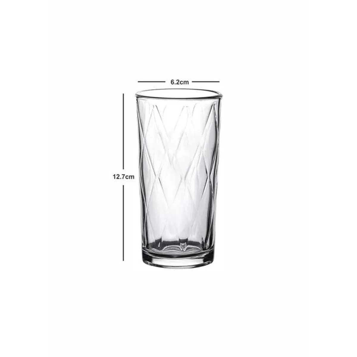 Single clear diamond-cut tumbler shown with its dimensions