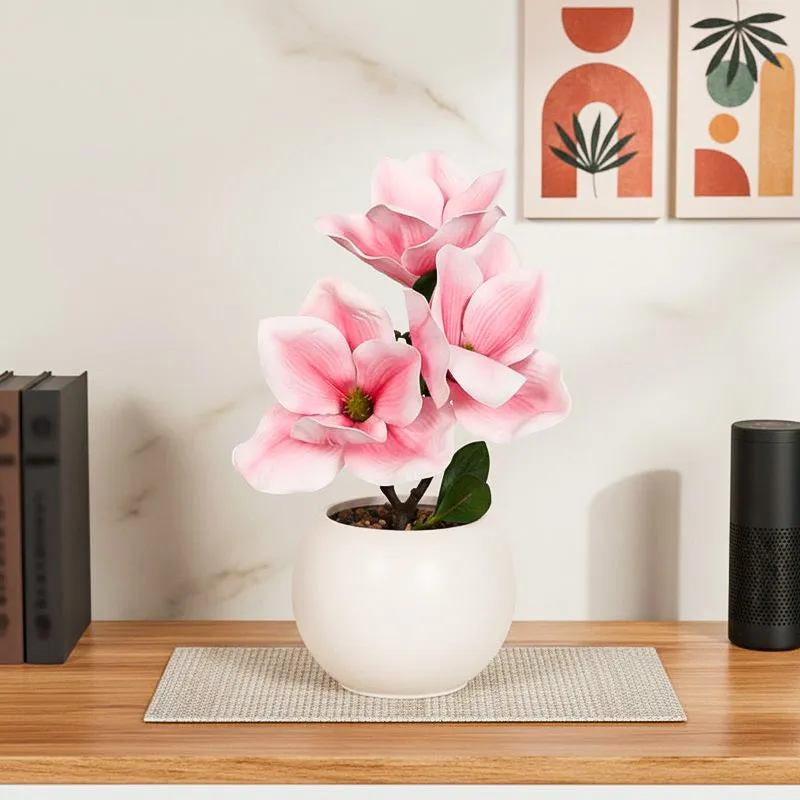 Magnolia Artificial Flower Plant With Black Plastic Pot - Pink media 6