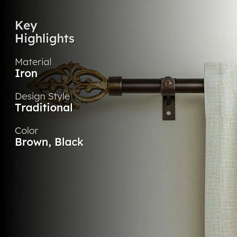 Spindle Extendable 1" Single Curtain Rod With Abstract Finial & Brackets (Brown) media 2