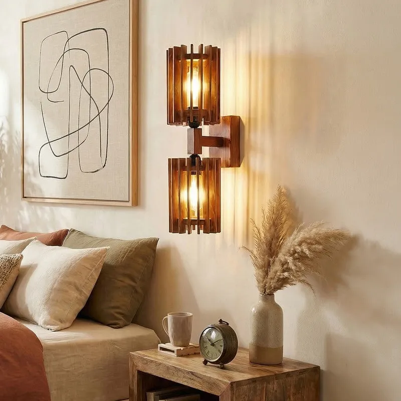 Twin LineGrid Wooden Wall Lamp - Brown media 1