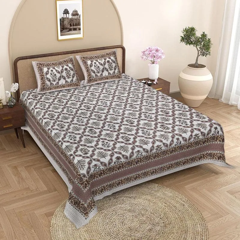 Yashasvi Ethnic Cotton Bedsheet (Brown,White) - 180 TC media 1