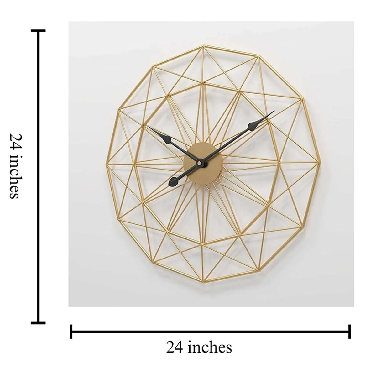 Gold round wall clock shown with dimensions of approximately 24 inches