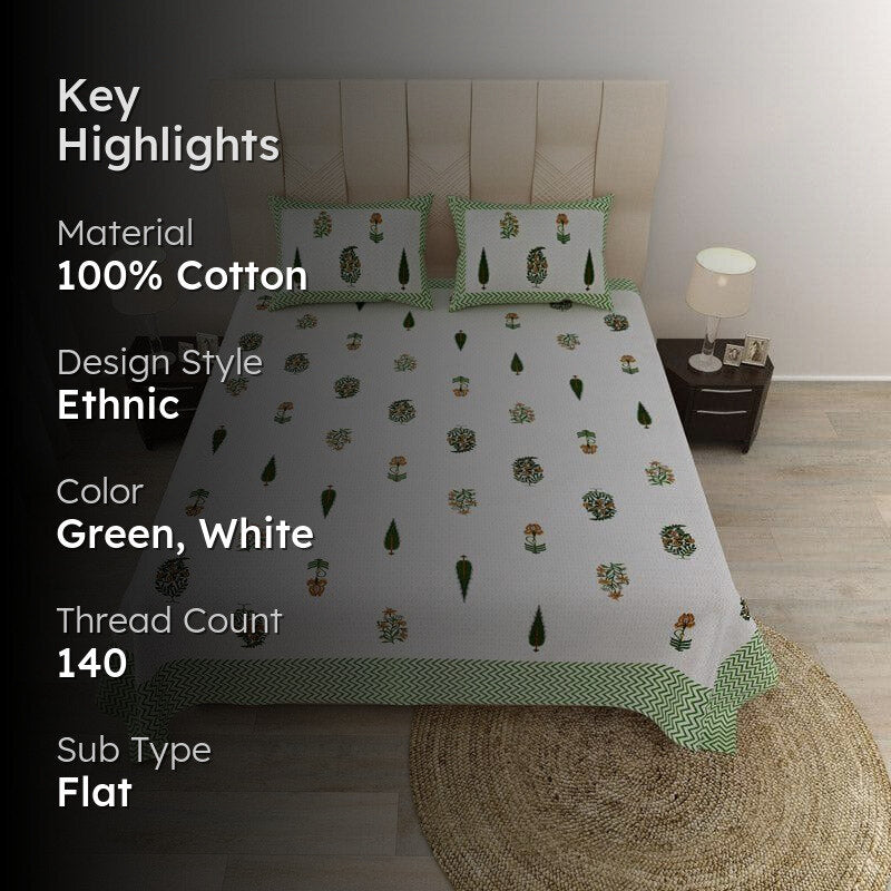 Chandrika Printed Cotton Bedsheet (Green) - 140 TC media 2