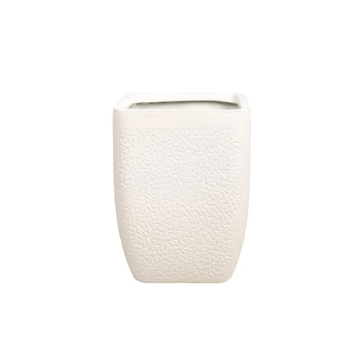 Front view of a single white textured planter on a plain background