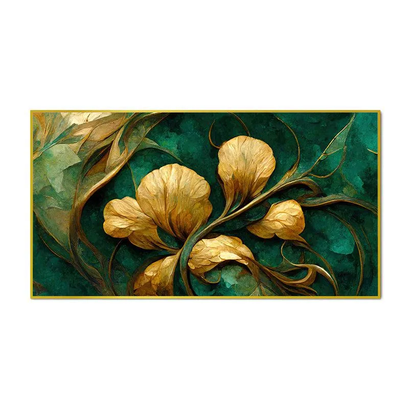 Emeral & Gold Floral Canvas Wall Painting With Frame - Gold media 4