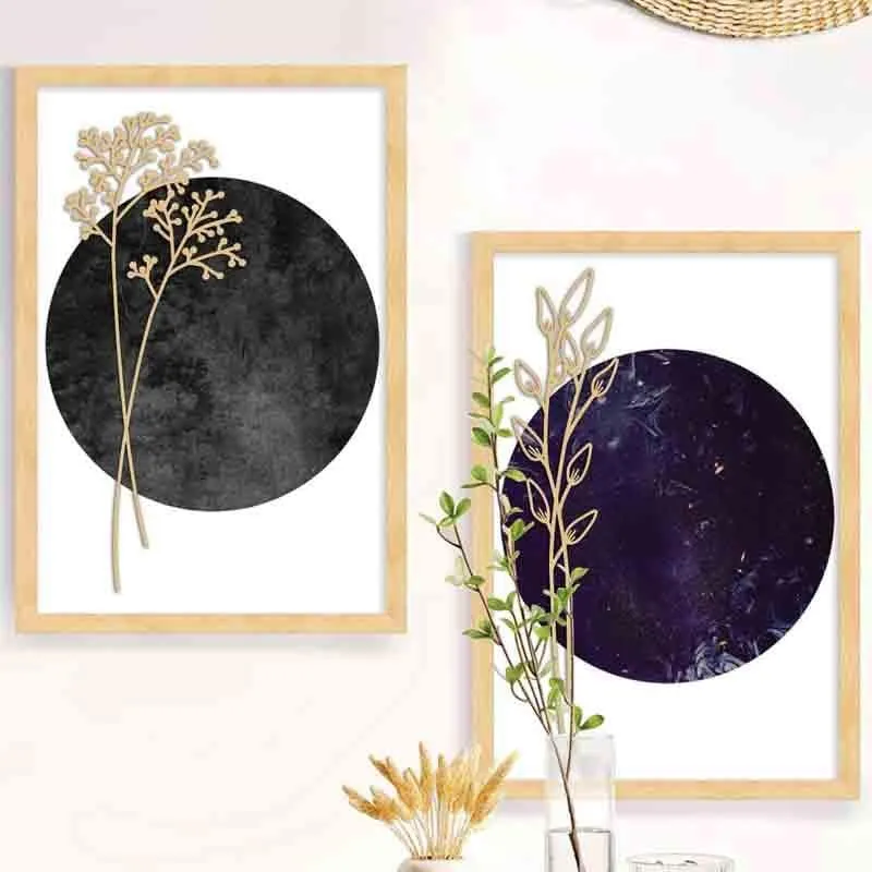 Gold Etched Leaves Wall Art - Set Of Two - Grey/Blue media 1