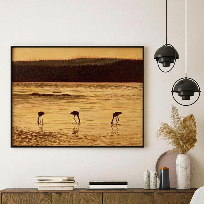 Flamingos And Nature Canvas Wall Painting - Black Frame