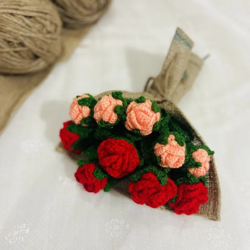 Crochet Handmade Rose Bouquet (Red,Orange) - Set of Twelve media 4