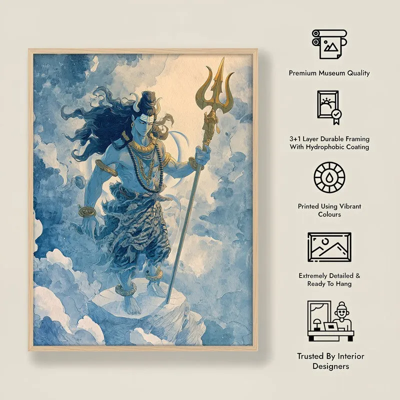 Mahadev With Trishul Divine I Archival Paper Wall Art - Natural Brown Frame media 8