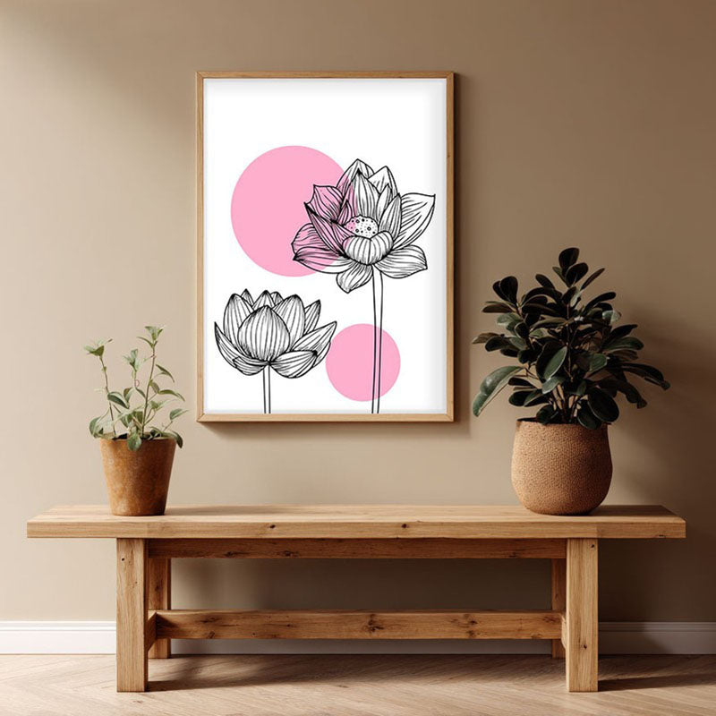 Lotus Lines Archival Paper Wall Art - Natural Brown Frame
