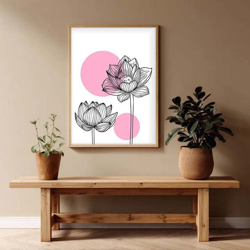 Lotus Lines Archival Paper Wall Art - Natural Brown Frame media 1