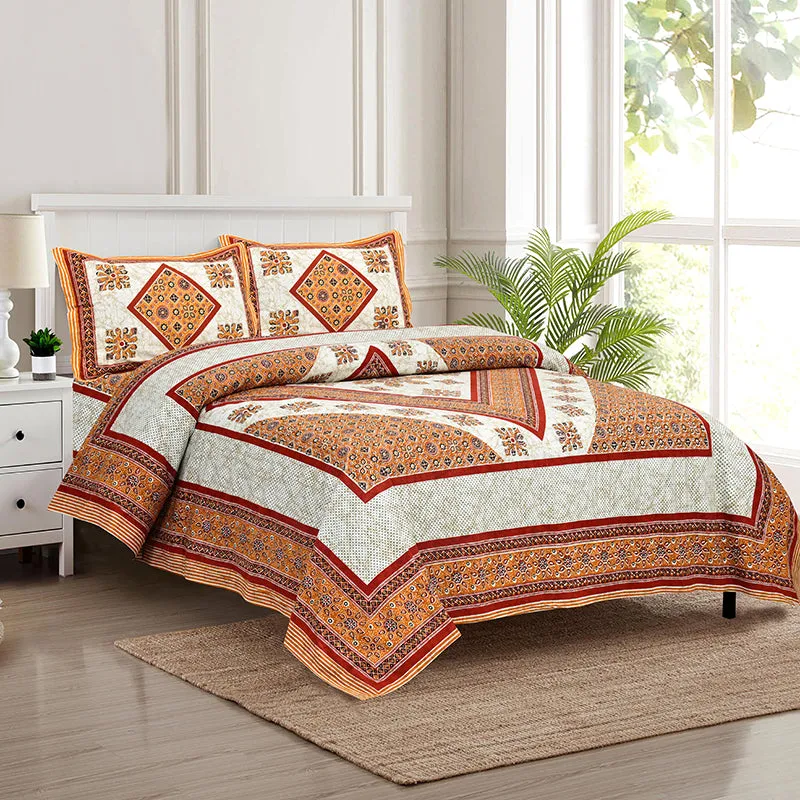Akanksha Ethnic Cotton Bedsheet (Orange,Beige) - 180 TC media 1