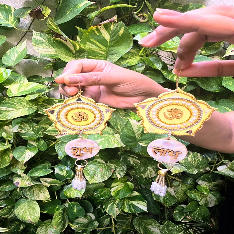 Swastika Mother Of Pearl Latkan (Yellow) - Set Of Two media 3