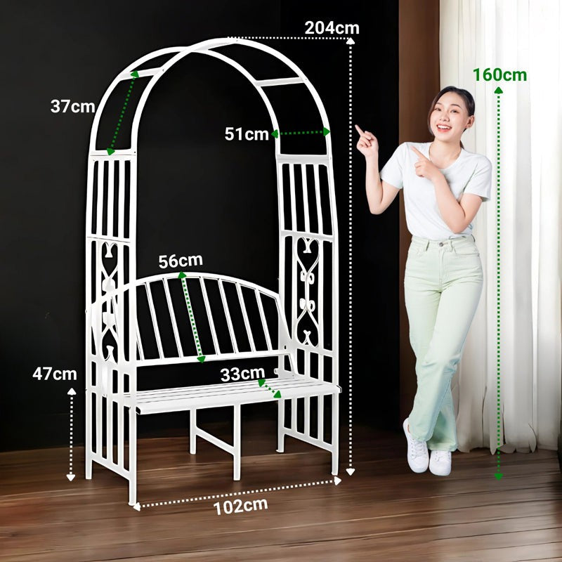 Arch Arbor Metal Outdoor Bench With Planter Stand - White media 8