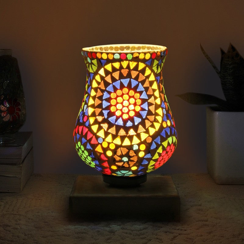 Prismique Mosaic Glass Table Lamp With Wooden Base - Multicolor