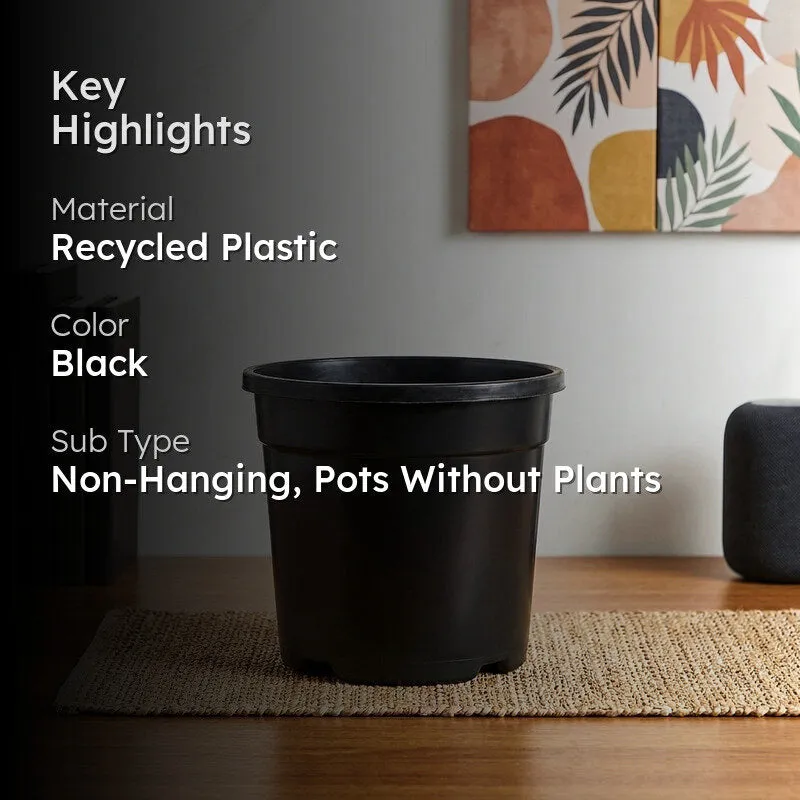 Black plant pot styled indoors with product highlights