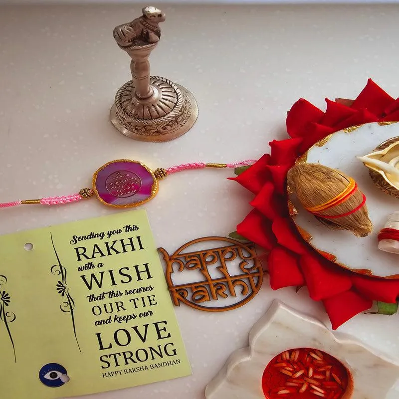 Gayathri Mantra Pink Agate Rakhi Gift Set media 1