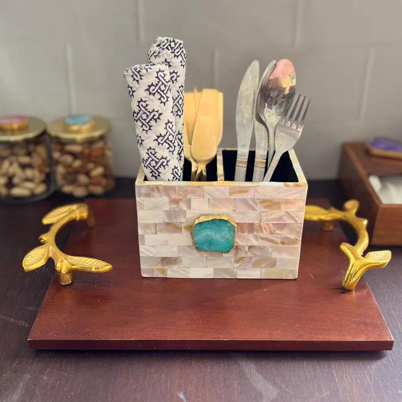 Suzzaine Handcrafted Mother Of Pearl & Agate Cutlery Holder - Green & Beige media 1
