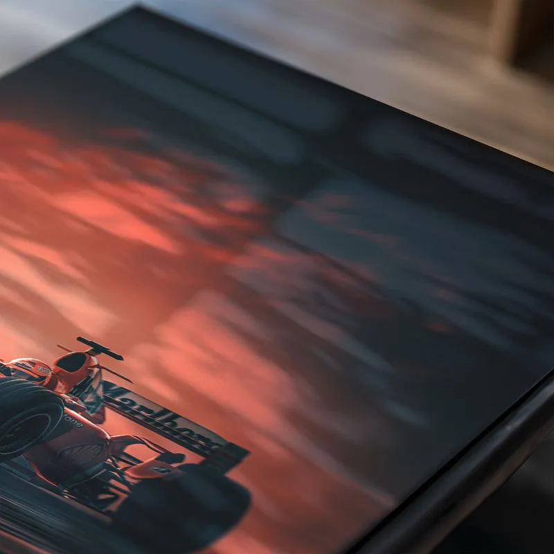 Close-up of racing car poster in dark orange tones