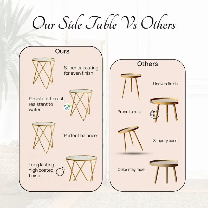 Comparison graphic featuring a gold round side table and other table styles