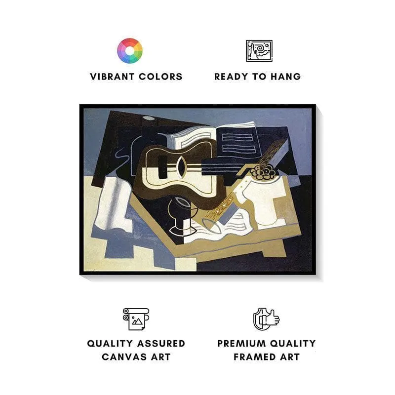 Framed abstract guitar and clarinet painting shown with decorative feature icons