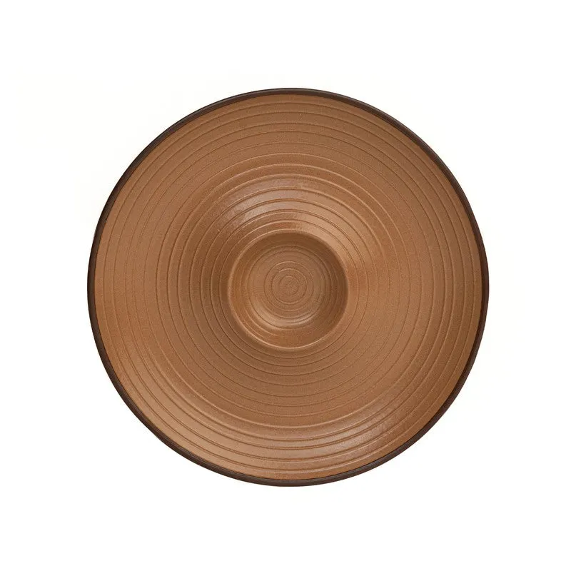 Top view of a brown round ceramic platter with concentric raised rings
