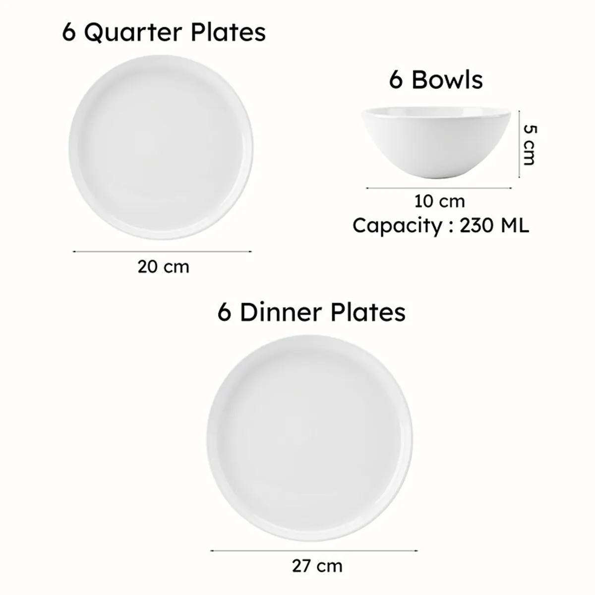 White quarter plates, bowls and dinner plates shown with dimensions
