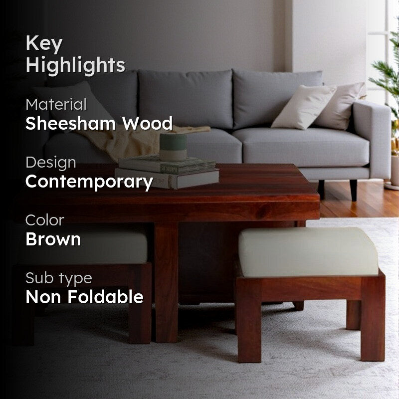 Evrino Sheesham Wooden Center Table with Stools and Cushions (Deep Brown) - Nine Piece Set media 2