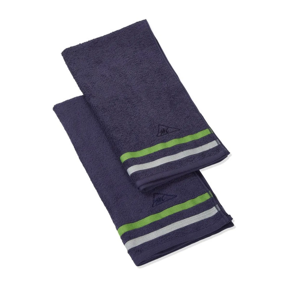 Pair of blue towels with green and white striped borders on a white background