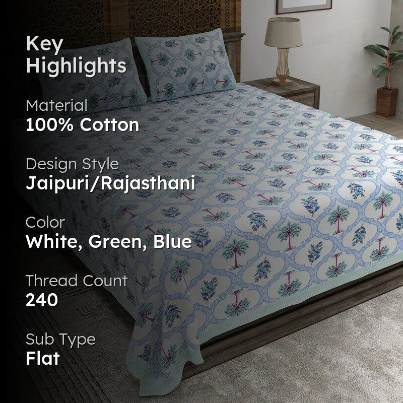 Desion Cotton Bedsheet (White,Green,Blue) - 240 TC media 2