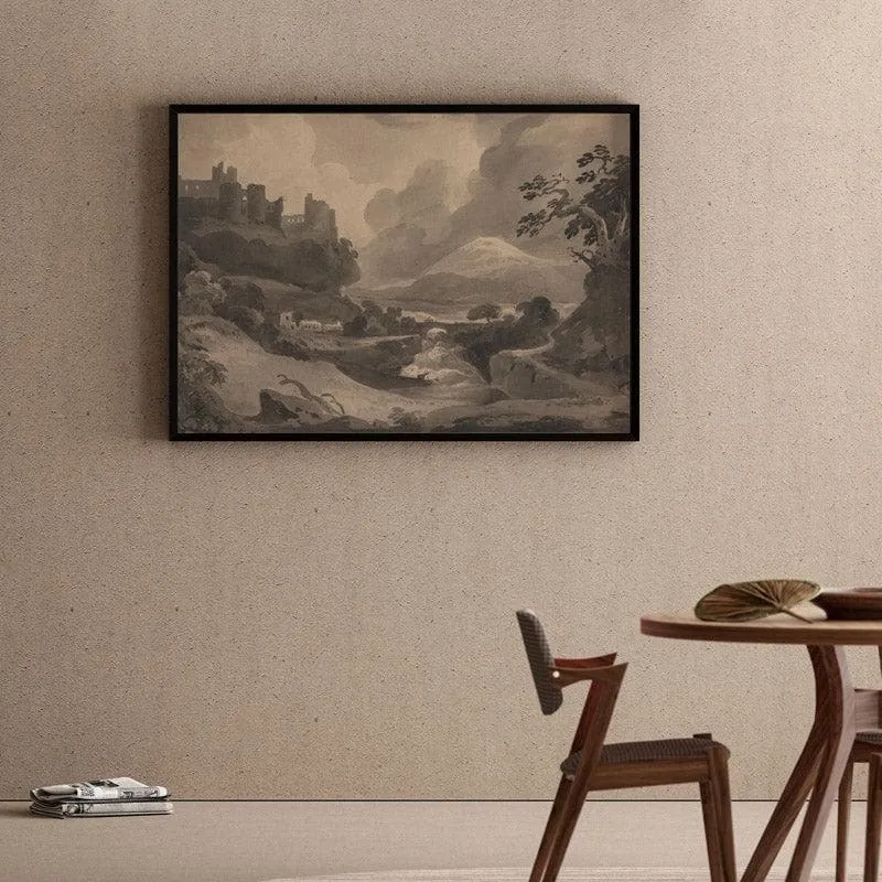 Mountain Landscape With Castle Ruins By John Varley - Black Frame Canvas Wall Painting - Black Frame media 1