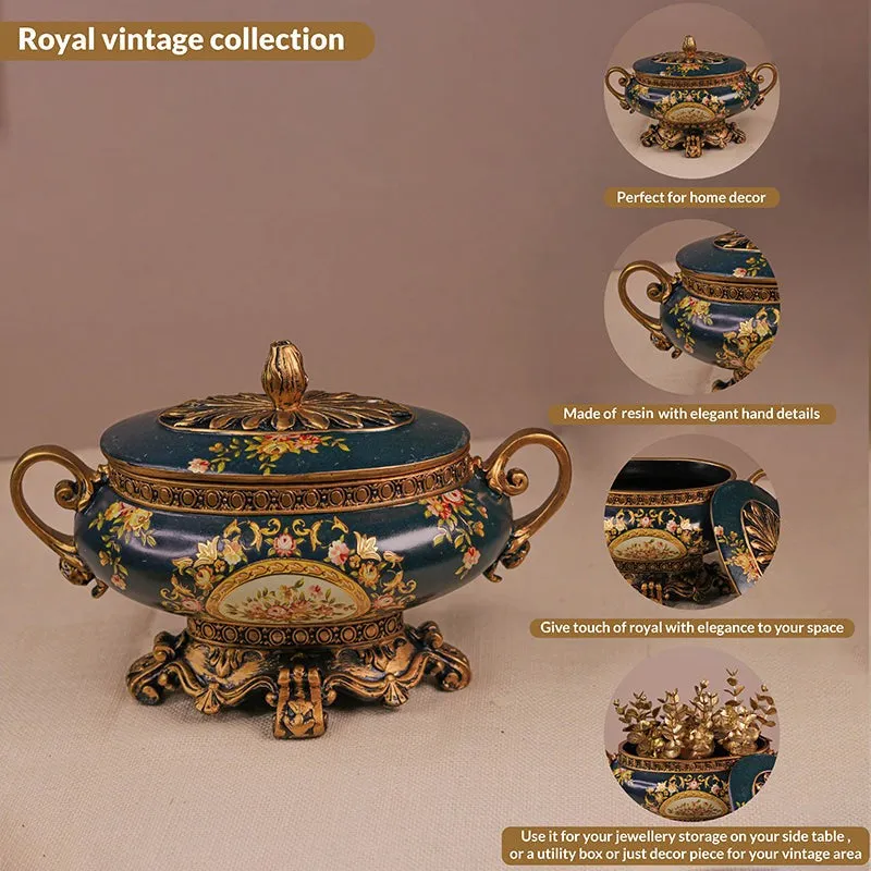 Ornate blue floral storage box displayed as a decorative living room accent
