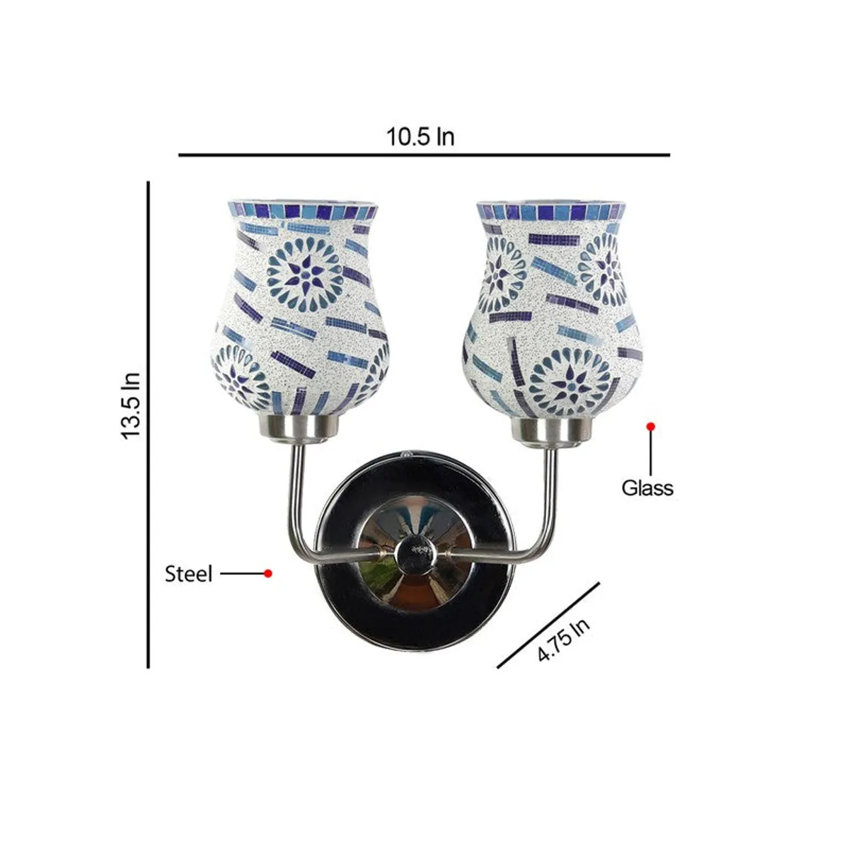 Dual mosaic glass wall lamp with printed dimensions on white background