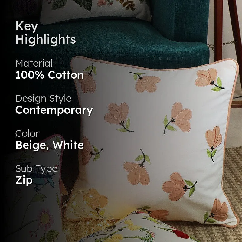 Coral Starflower Embroidered Cotton Cushion Cover media 2
