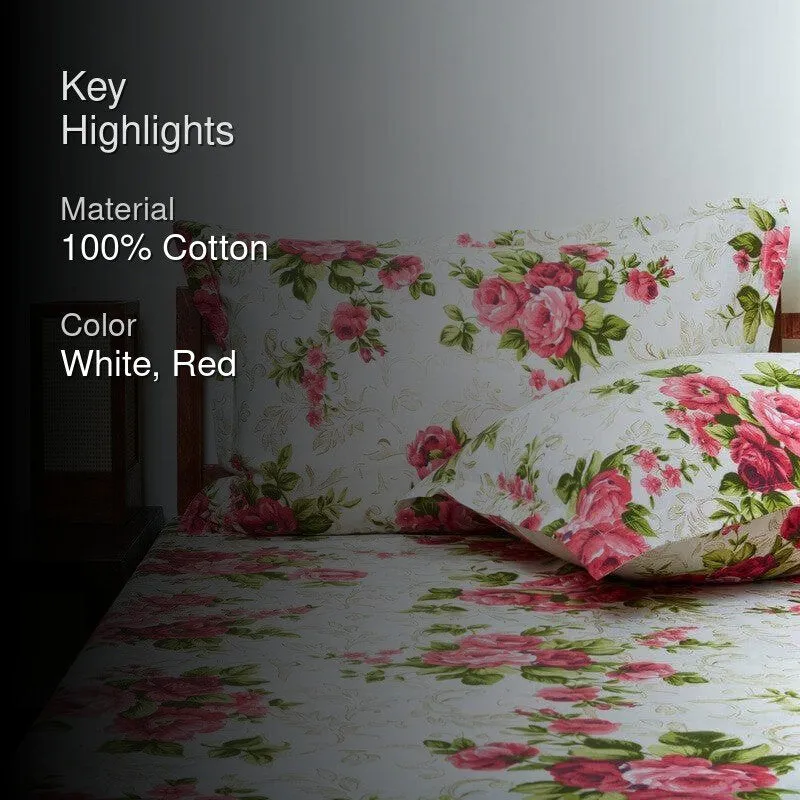 White bedding with red rose print and text overlay